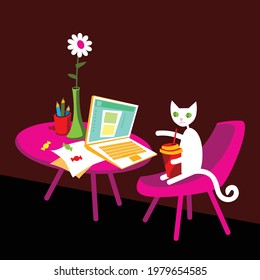 Cats life. The cartoon white cat with a big cup of soft drink publishes a post on social media. Vector image for prints, poster and illustrations.