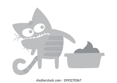 Vida de los gatos. Carácter cómico. El gato gris insinúa inequívocamente que es hora de limpiar el inodoro. Imagen vectorial para impresiones, afiches e ilustraciones.