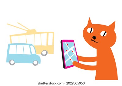 Cat's life. Red cat looks at the routes of public transport on a smartphone. Vector image for prints, poster and illustrations.