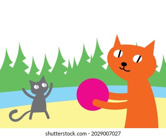 Cat's life. Red cat plays volleyball with a kitten by the river. Vector image for prints, poster and illustrations.