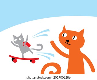 Cat's life. The red cat sends the kitten for a walk. Vector image for prints, poster and illustrations.