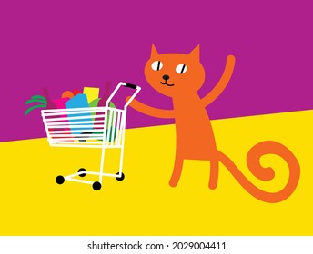 Cat's life. Red cat with a shopping cart in the supermarket. Vector image for prints, poster and illustrations.