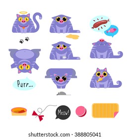 Cats life story flat icons. Cat flat drawn symbols set. Identity, brand character and logo for pet clinic, veterinary or company. Cats fantasy, bad thing, healthy pet food and eat cat, game, rest. 