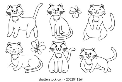 Cats line outline set hand-drawn in different poses, sitting, lying, with different muzzles, emotions, closed and opening eyes, butterflies fly around. Cartoon and flat style. Vector illustration