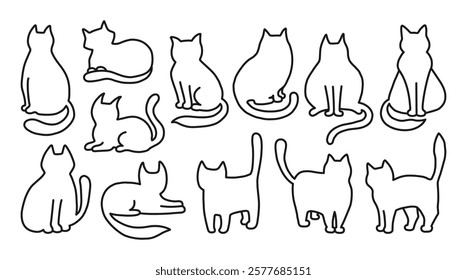 Cats linear sign set. Symbol hand drawn childish simple kitten. Modern funny pet animal icon design for kids. Contour figure cats in different poses. Mammal drawing character vector art illustration