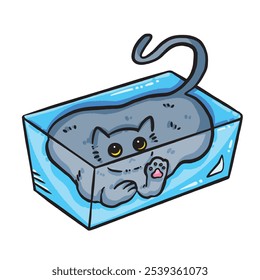 Cats are liquid. Cute and adorable gray cat in transparent container colorful illustration isolated on square white background. Simple flat outlined cartoon art styled drawing.