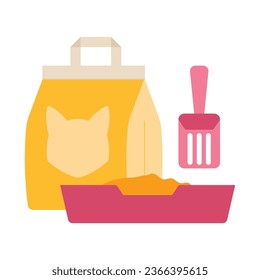 Cats litter. Cat litter tray, scoop, package of cat litter pellets. Minimalist vector illustration. For pet shop, pet grooming service.