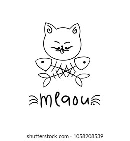 cat's logo with fish bones. Vector illustration