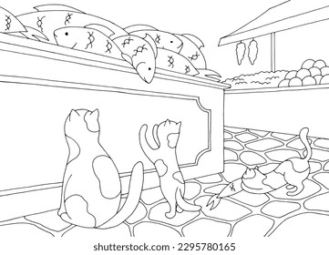 Cats look at fish in the market graphic black white sketch illustration vector