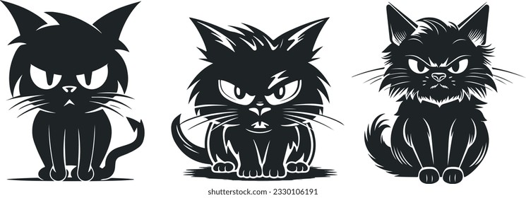 cats looking angry black and white vector illustration. Set of cats portrait looking serious or angry on white background