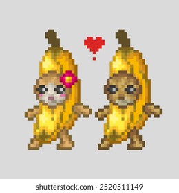 Cats in love with banana costume, pixel art meme