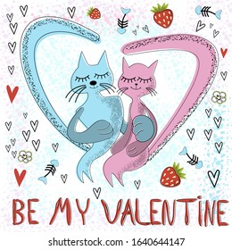 Cats in love with big tails in the form of a heart. fun illustration for Valentine's day. Cute funny cats. Grainy texture, strawberries, fish. vector