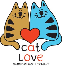 Cats in love. Bright illustration for printing on clothes and objects. Good for lovers and gifts for Valentine's Day. A cute gift for you and your loved ones