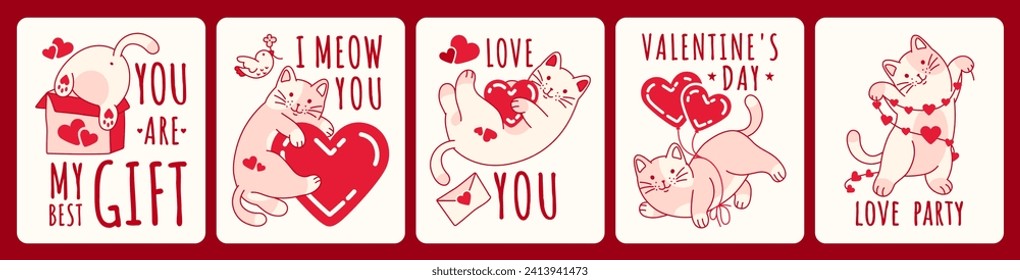 Cats in love with bright red hearts and love themed quotes. Valentine's Day concept. Funny stickers or isolated prints. Cute vector cartoon collection. Fun hand drawn doodle set.