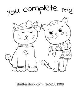 Cats in Love coloring page. Vector  illustration You complete me. Cartoon character