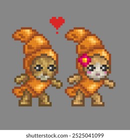 Cats in love with croissant costume, pixel art illustration 