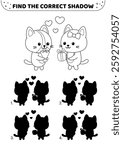Cats in love. Find the correct shadow. Black and white. Shadow game. Isolated vector illustration eps 10