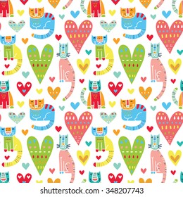 Cats and love, love and cats. Funny colorful vector seamless pat