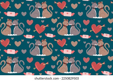 Cats in love with heart seamless pattern. Valentine's day romantic background wallpaper. For greeting card, wrapping paper, cover