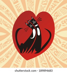 Cats love heart valentines day card vector illustration
