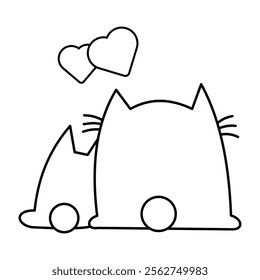 Cats in Love With Hearts Vector Illustration. A simple black and white vector illustration featuring two stylized cats sitting close together.