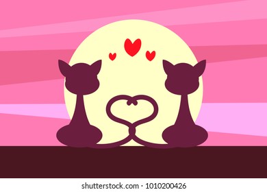 Cats in love looking to the full yellow moon their tails forming a heart shape, red hearts between them, isolated on light pink background. Eps vector illustration