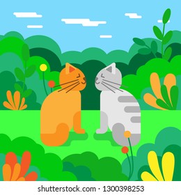 Cats in love in the meadow. Vector illustration. Summer landscape