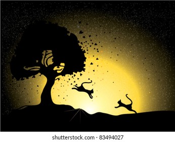 CATs in love / Night Scenery with heart tree