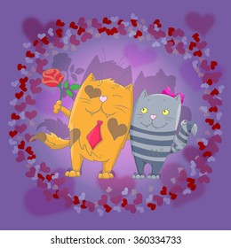 Cats in love on abstract background from hearts, postcard Valentine's day