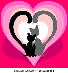 Cats in love on a pink heart background, vector illustration, abstract stylized. Suitable for Valentines, cards, wedding greetings, gifts, notebooks, printing on t-shirts.