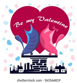 Cats in love on a roof against hearts