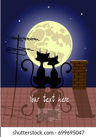 Cats in love on a roof against the background of the moon.