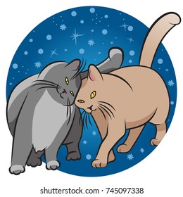 Cats in love on a winter sky background. Vector christmas illustration.