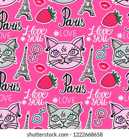 Cats love in Paris. Lettering hand drawn seamless pattern. Eiffel tower and strawberry stickers. Vector illustration isolated on a pink background.