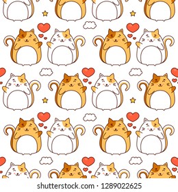 Cats in love pattern, line art vector illustration