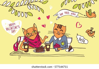 cats love romance vector coffee house. Valentine's Day card poster