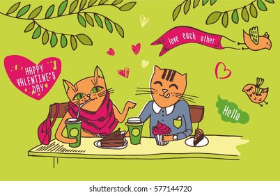 cats love romance vector coffee house. Valentine's Day card poster