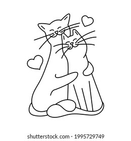 Cats love romantic couple. Vector isolated linear illustration contour outline. Valentines Day design.