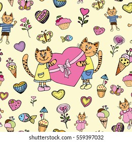 Cats Love Seamless Pattern