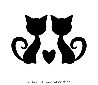 Cats in love silhouette. Heart silhouette. Isolated vector illustration for card design, interior sticker, background