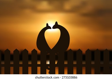 Cats in love silhouette on the fence in sunset. EPS vector illustration