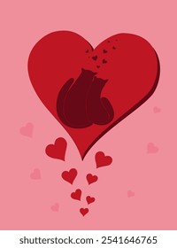 Cats in love are sitting in a seat, postcard for Valentine's Day, on a red background, vector drawing