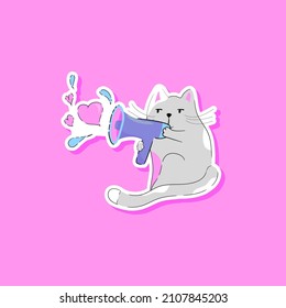 Cats with love Speaker. Cute cat for Valentine's day. Draw vector illustration design banner funny cat.Doodle cartoon style.