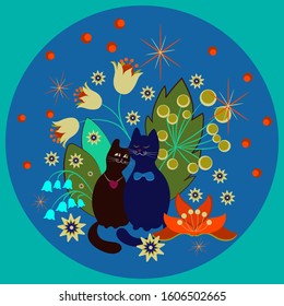 cats in love surrounded by fantastic flowers on a blue background. Romantic vector illustration with cute characters for greeting cards, invitations, medallions or banners.