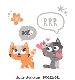 Cats in love vector illustration. Couple of cats. Pet, kitten, heart, love, Valentines Day, paw, fish