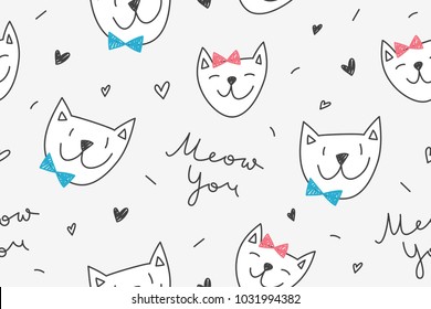 Cats in love, vector seamless pattern with cartoon cat faces and lettering Meow You