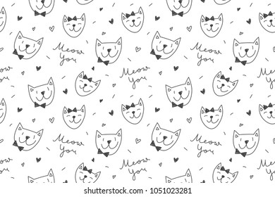 Cats in love, vector seamless pattern with cartoon cat faces and lettering Meow You