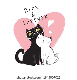 Cats in love vector.Children illustration for School books and more. Meow & forever slogan. Animal pattern svg