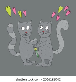 The cats in love want to hug each other. Valentine s Day. The cat loves fish. Vector. Drawn by hand. Coloring pages for children and adults. Cartoon.