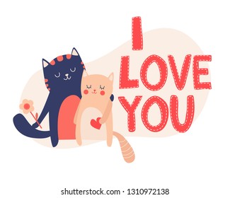 cats with i love you handwritten calligraphy lettering quote to valentines day design greeting card, poster, banner, printable wall art, t-shirt and other, vector illustration